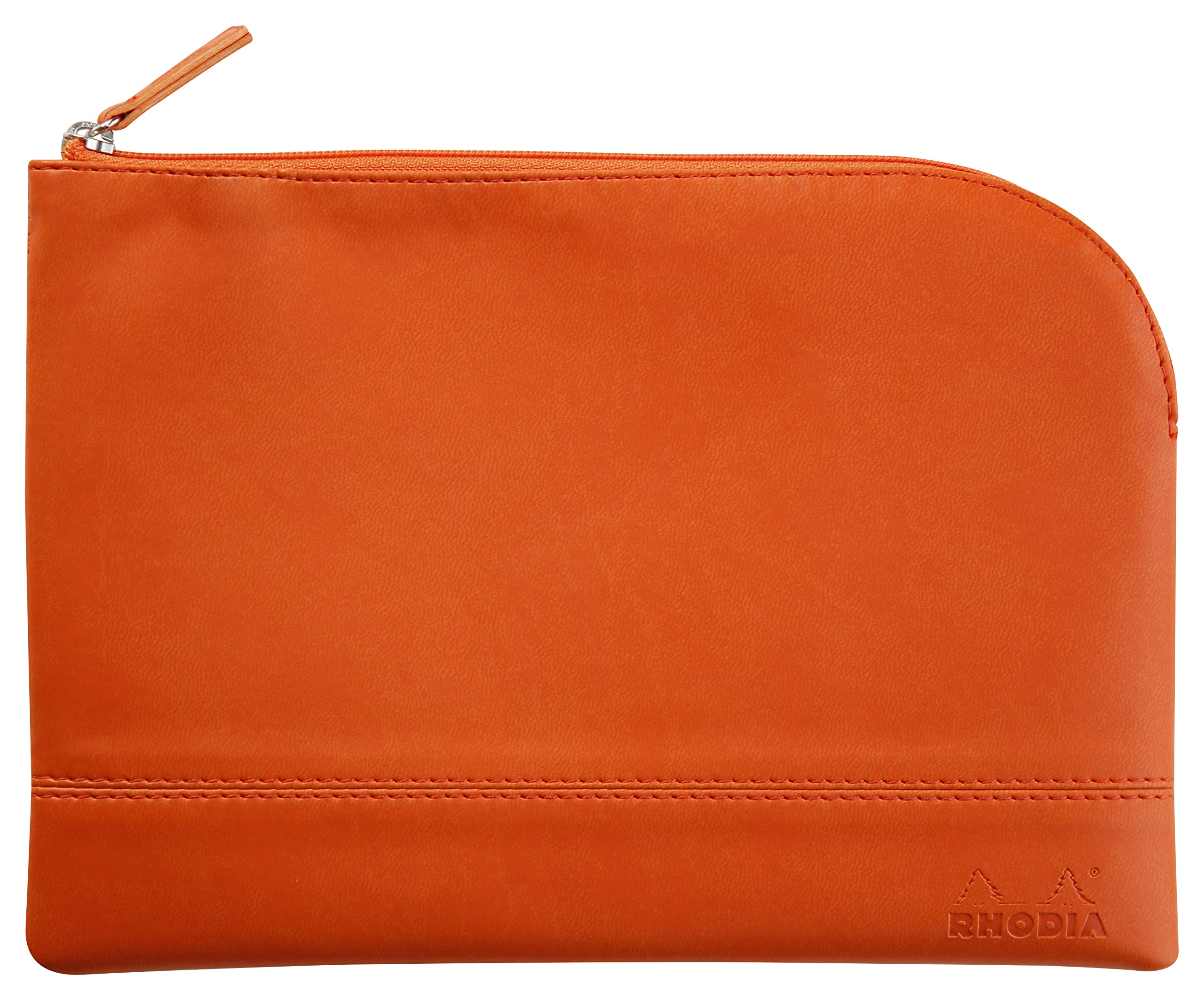 RHODIA 116646C - Faux Leather Zipped Pouch - Tangerine - Size M (16 x 22 cm) - Genuine Stitching - Orange Fabric Inside - Storage for Documents, Small Supplies