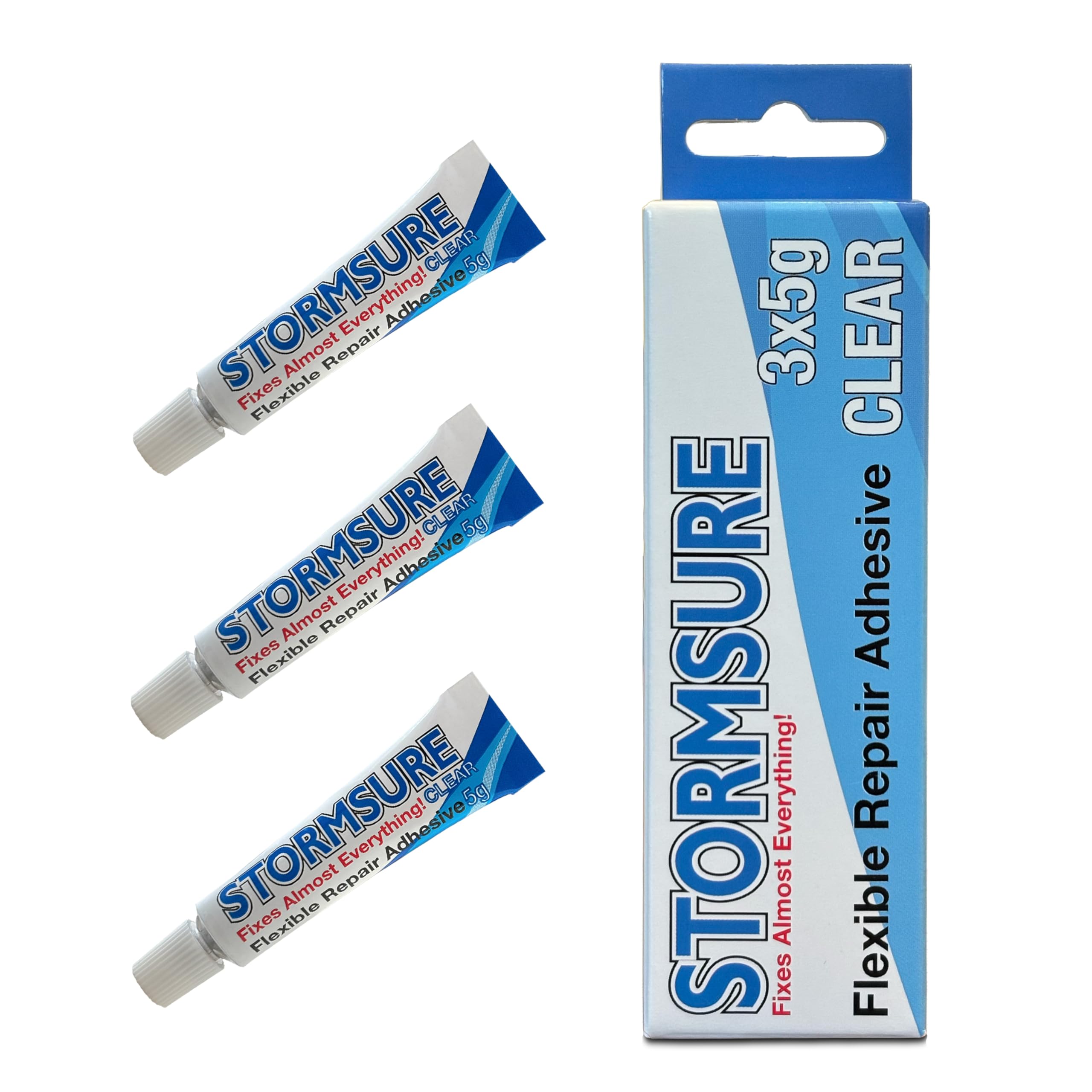 Stormsure Flexible Repair Adhesive Multi-Pack: 3x 5g Clear Tubes for Fabric, Footwear, Outdoor Gear & More - Strong, Waterproof, and Flexible