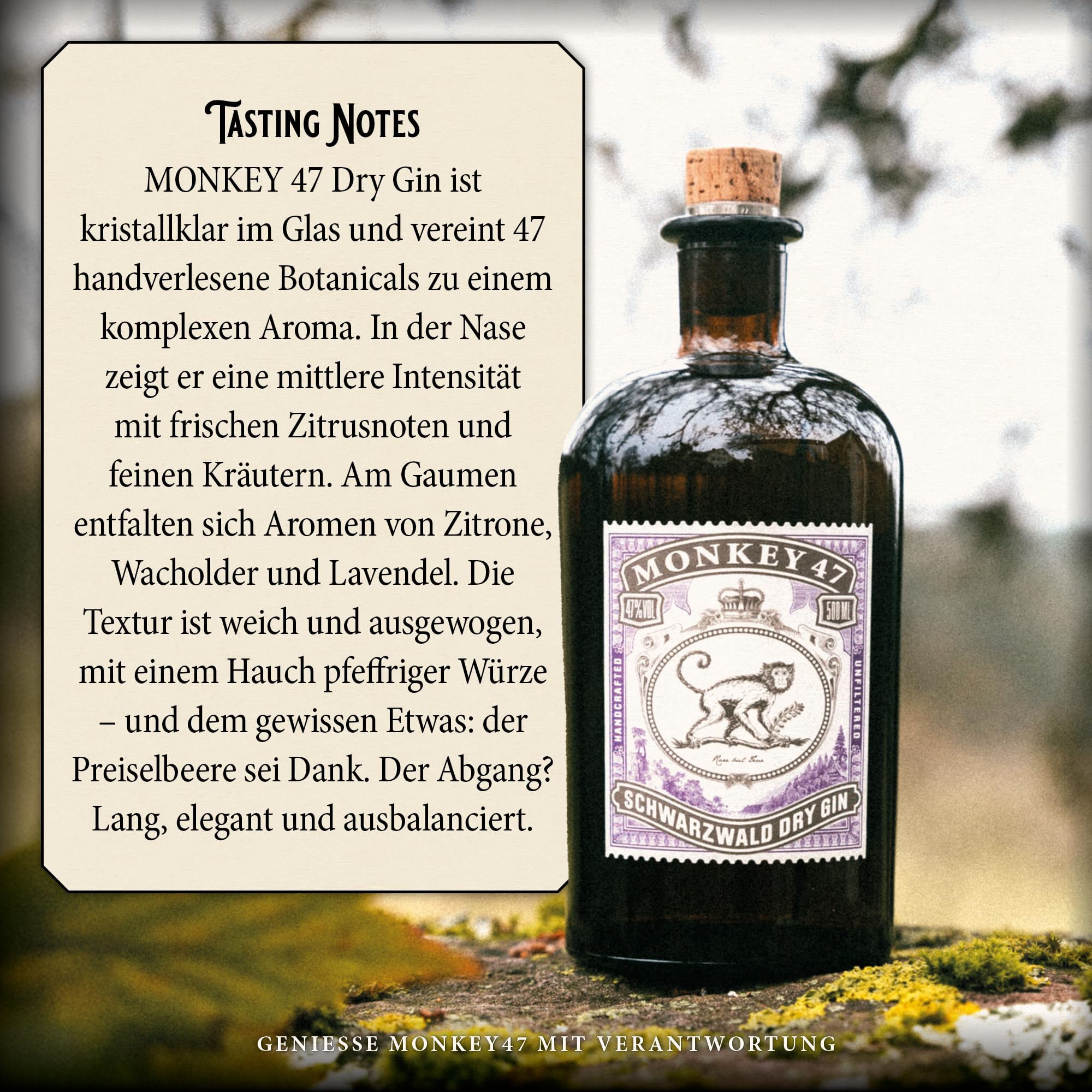 Monkey 47 Schwarzwald Dry Gin – Harmonischer Ultra Premium Gin mit Wacholderaroma & frischen Zitronen- und Fruchtnoten – 1 x 0,5 L | 500 ml (1er Pack) 4