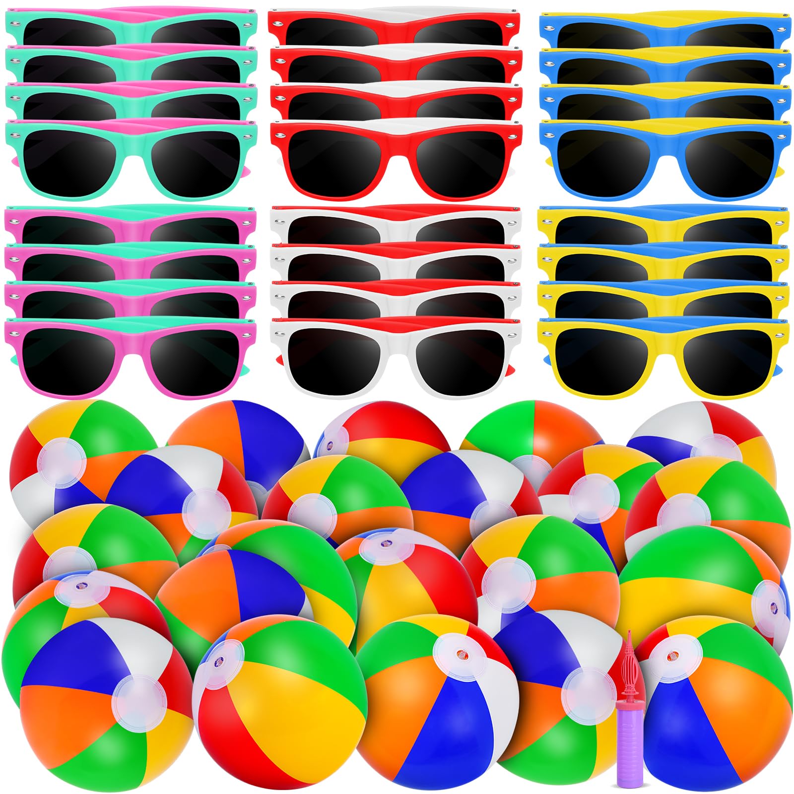 Photo 1 of UZLU 61 Pcs Kids Summer Beach Party Favors Sets- Includes 30 Inflatable Beach Balls Bulk, 30 Neon Sunglasses Bulk, Rainbow Colored Beach Ball Summer Pool Party Toys for Water Games Hawaiian Party