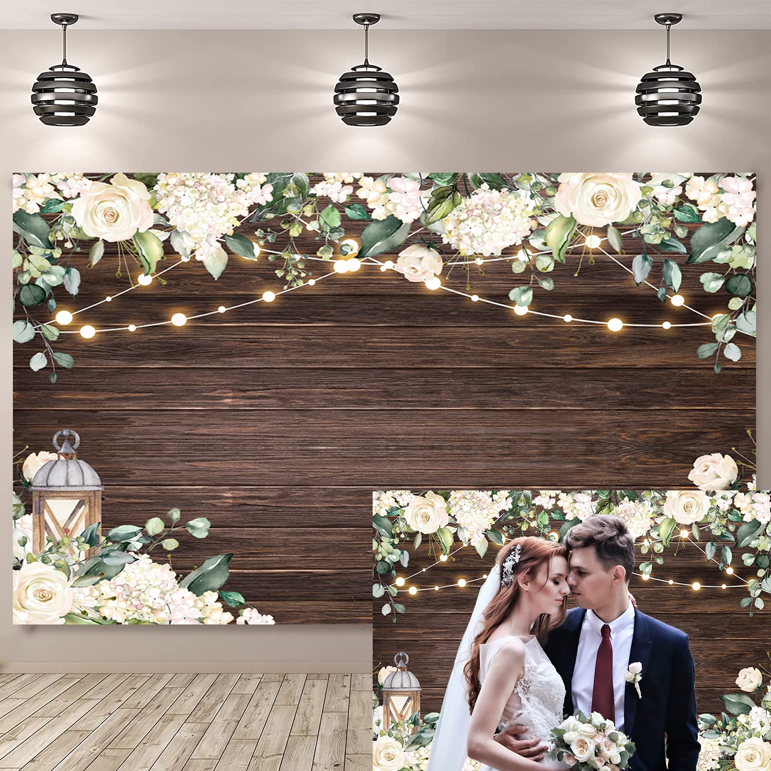Rustic Wood Floral Photography Backdrop White Flower Brown Wooden Birthday Party Baby Showers Photo Decor Background Wedding Newborn Party Photo Prop 7x5FT