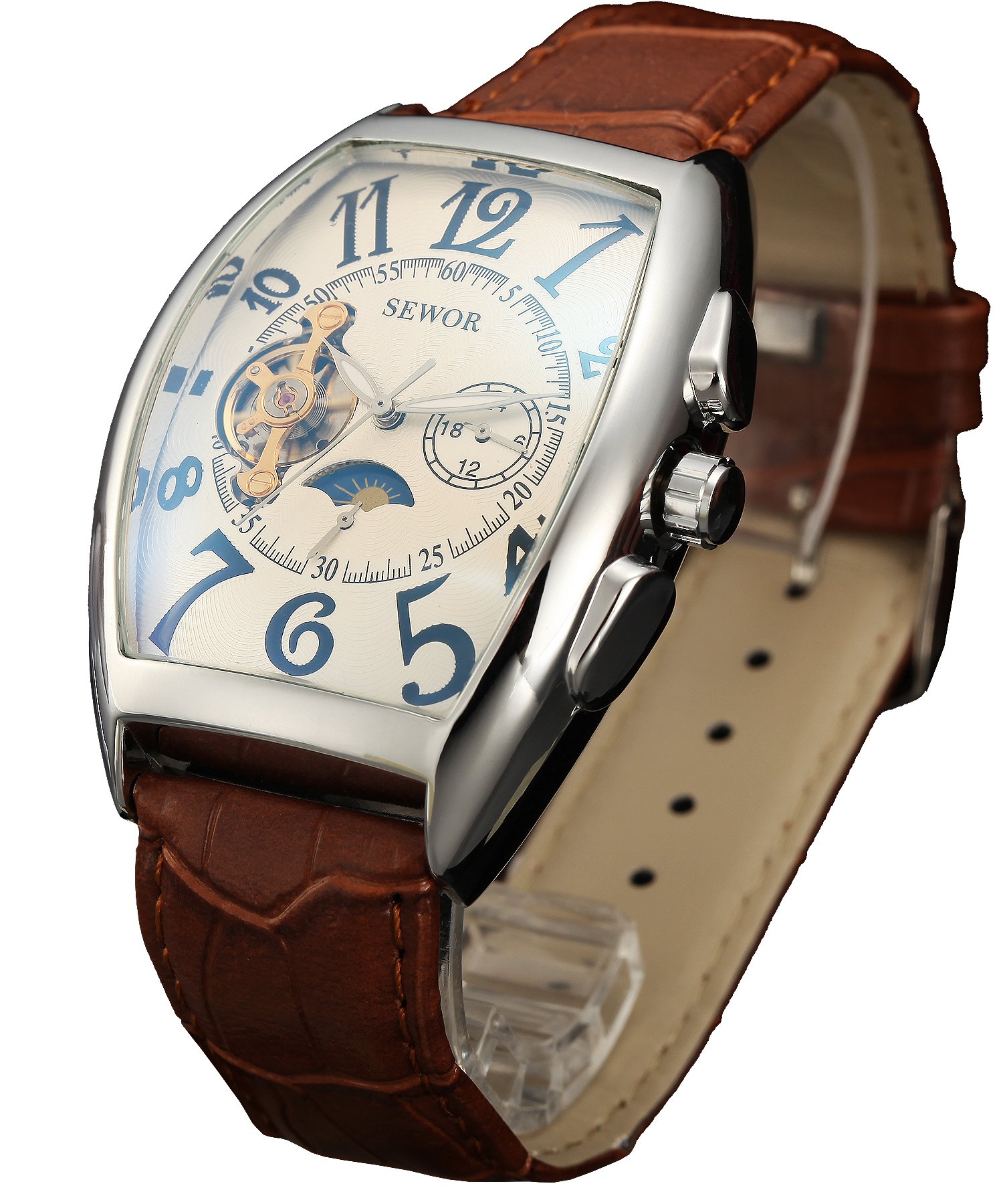 SEWOR Mens Automatic Business Dress Tonneau Moon Phase Wrist Watch Mechanical Self Wind, White-1, Mechanical