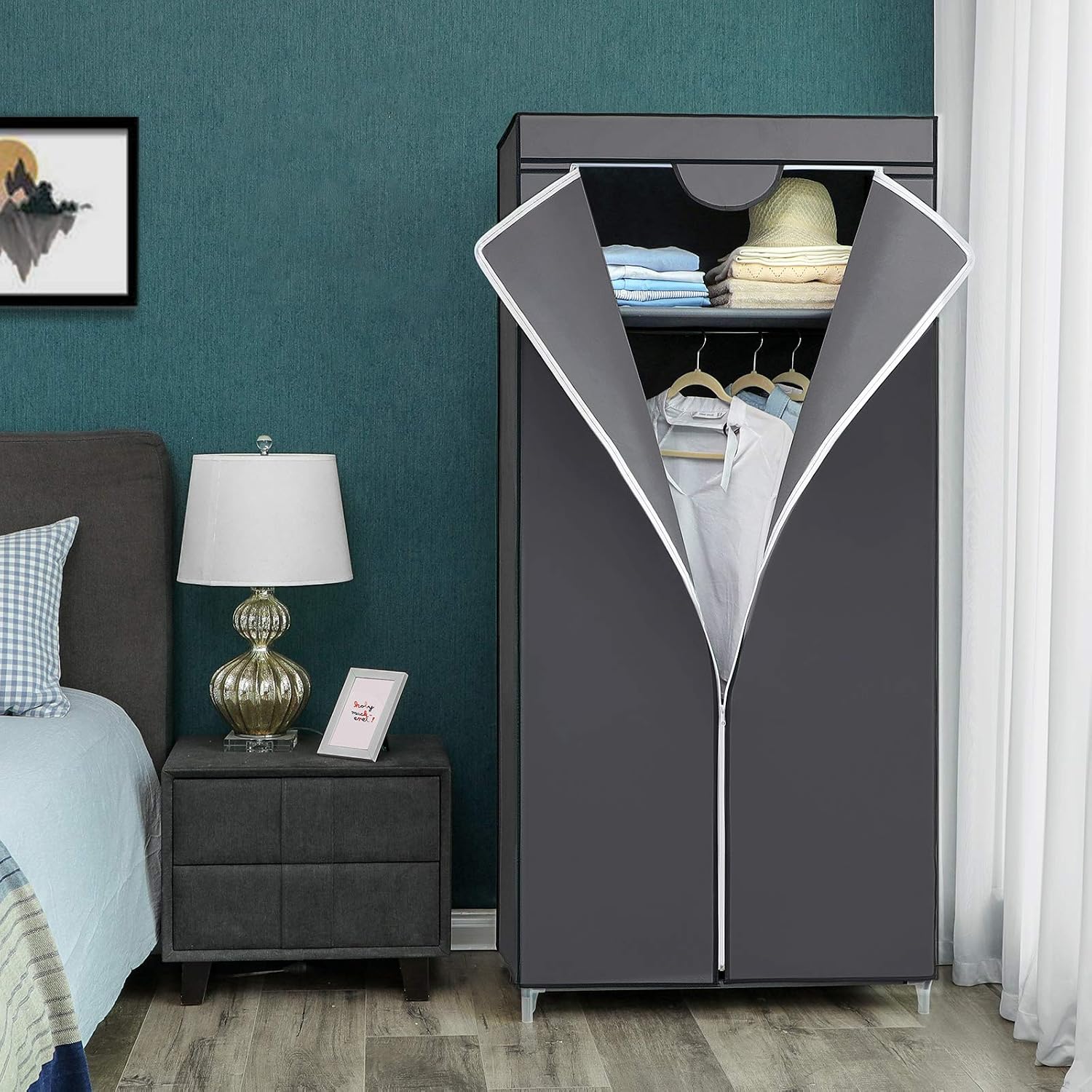 SONGMICS RYG83GY Fabric Wardrobe Folding Wardrobe with Hanging Rail, Simple Dressing Room, Organiser for Toys Shoes, Bags - Image 3