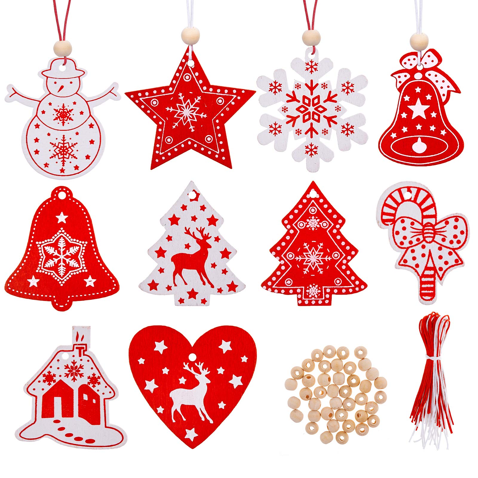 40pcs Red & White Christmas Wooden Hangings Pendant Ornaments Decorations Wooden Slices Christmas Tree Decorations with Ropes and Beads