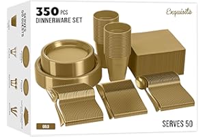 Party Solids 350 Pieces Gold Plastic Plates For Party, Gold Disposable Plates Set, 50 Of Each 9" Dinner Plate Set, 7" Dessert