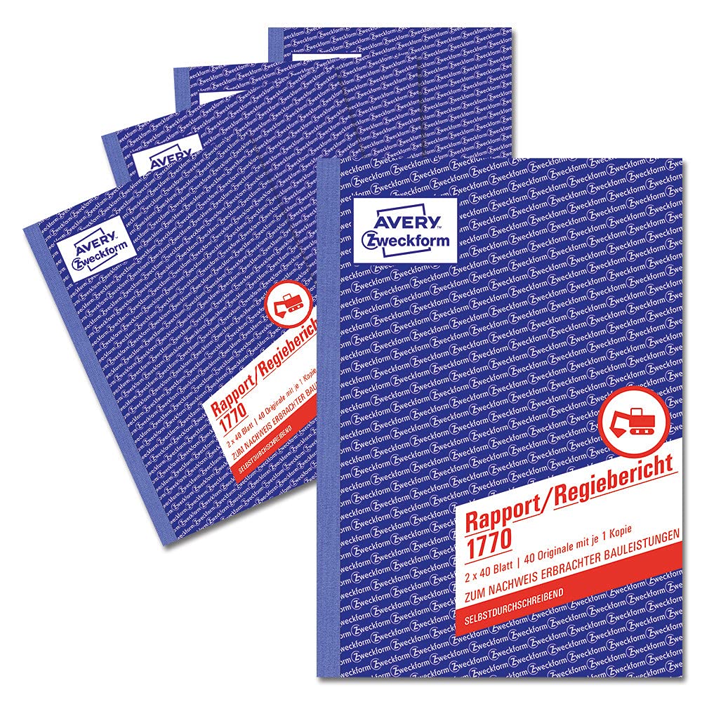 AVERY Zweckform 1770-5 Rapport/Director's Report (A5, Self-Copying, Tested by Legal Experts, for Germany/Austria to Document Work Performance, 2 x 40 Sheets) White/Yellow, Pack of 5