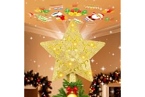 LLIBTYT Christmas Tree Topper with Built-in 360° LED Rotating Projector, 3D Hollow Sparkling Gold Star, 3m Plug in Christmas Tree Top Decorations, Indoor Office Party Holiday Home Xmas Treetop Cool Ornament