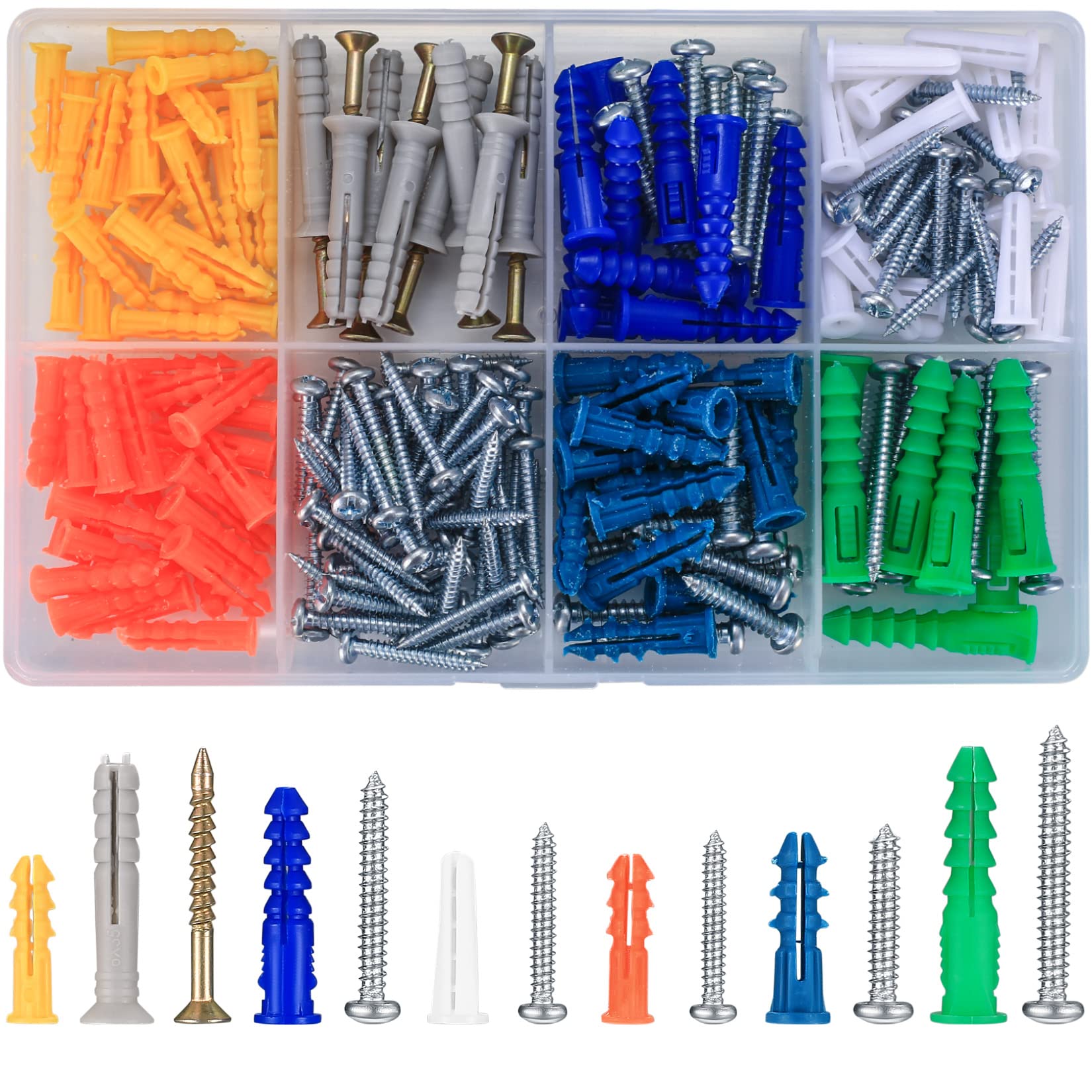 210 Pcs Self Drilling Drywall Screws and Ribbed Anchors Plugs Assortment Kit, Screws and Wall Plugs Set, Plasterboard Wall Anchors and Screw Set