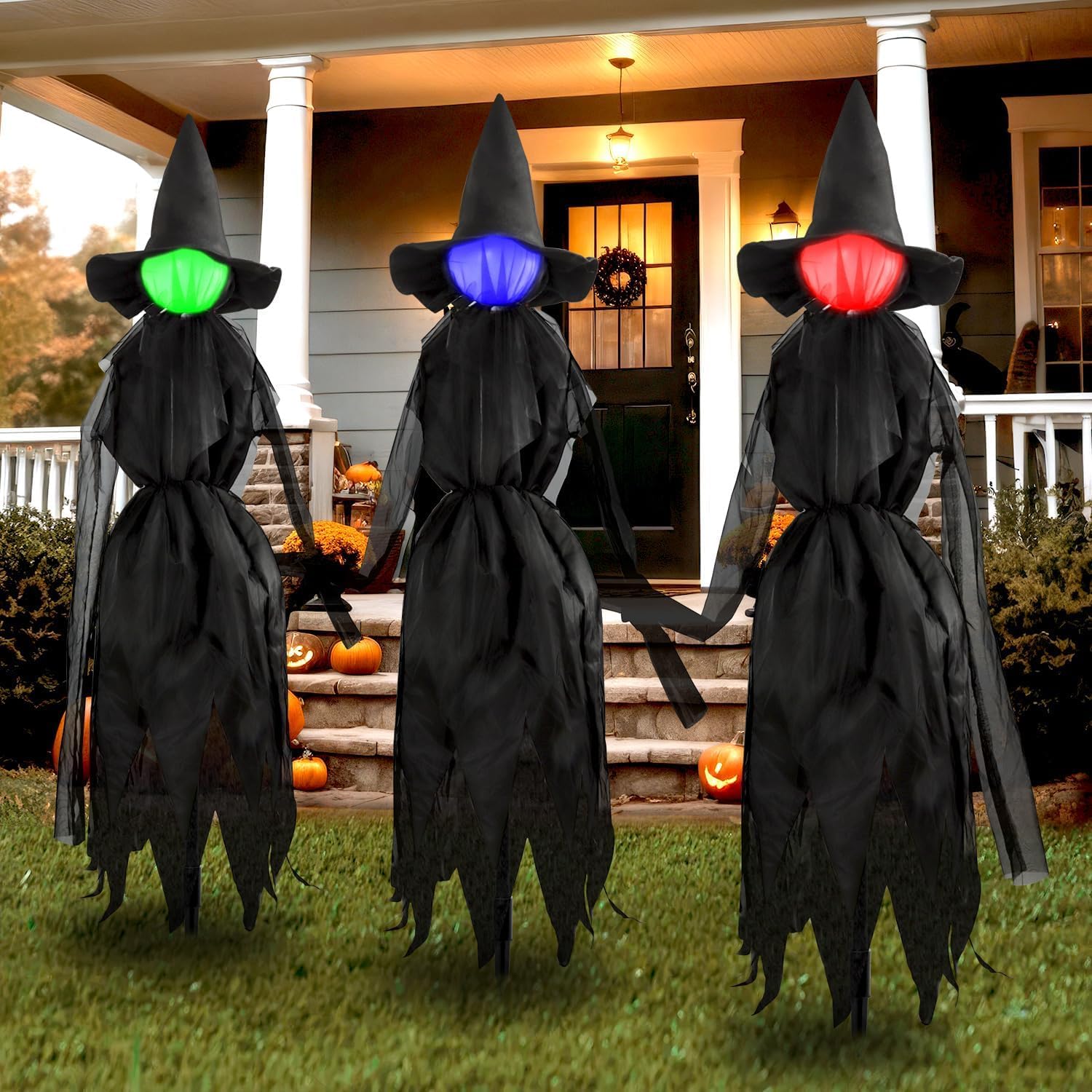 Photo 1 of 5.4Ft Halloween Light Up Witches Outdoor Yard Decorations, Set of 3 Halloween Witches Stakes Decor with Multiple Colors LED Lights, The Witch Hat Haunted House Prop for Garden Lawn Party Halloweens