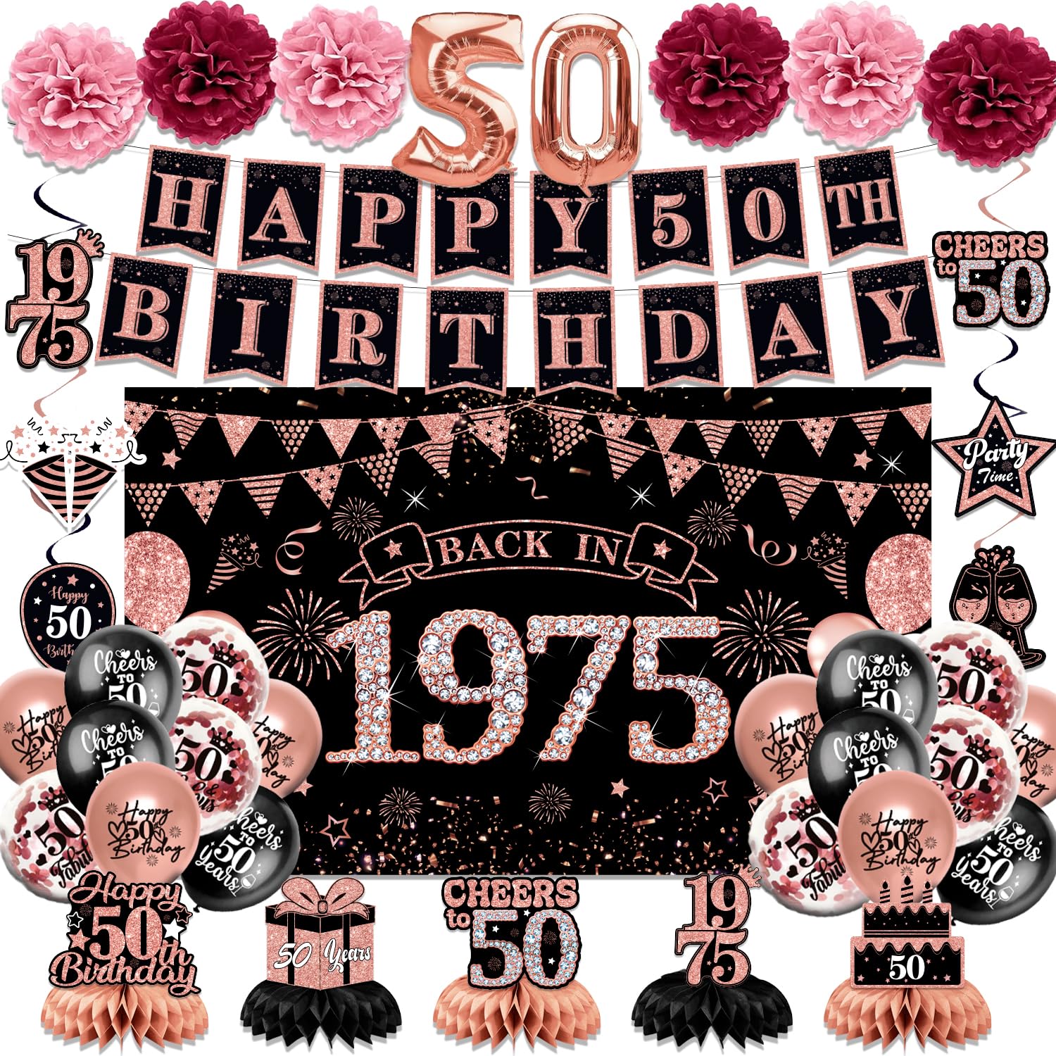 Photo 1 of 50th Birthday Decorations Kit for Women, Back in 1975 Banner Party Supplies, Black Rose Gold Happy 50th Birthday Banner Backdrop Hanging Swirls Paper Fans Balloon, Vintage 50 Year Old Birthday Gifts