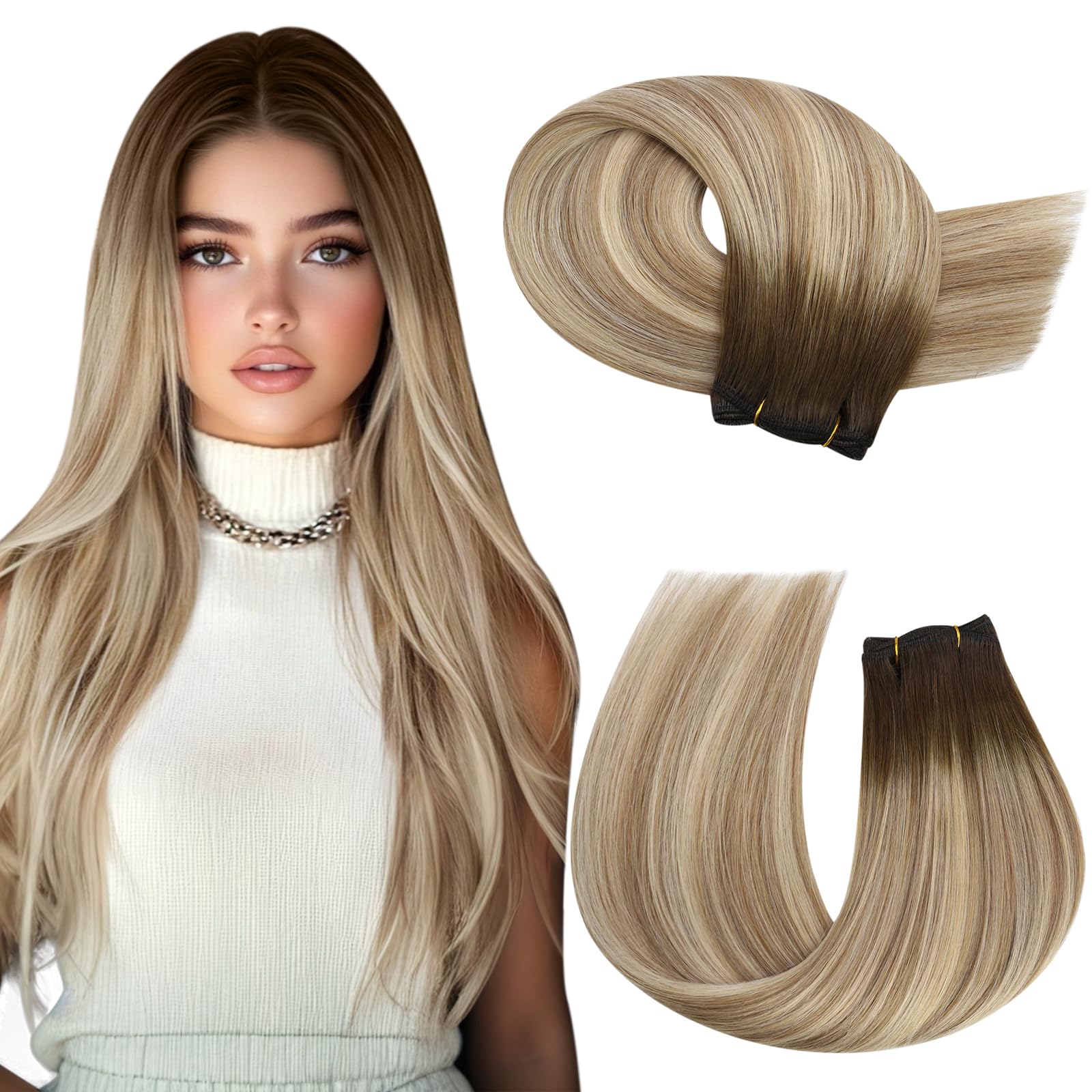 Moresoo Weft Hair Extensions Real Human Hair Ombre Brown to Light Brown With Medium Blonde Sew-in Hair Extensions Balayage Long 24 Inch for Women Full Head 100g/Pack #3/8/22