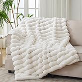 VFROO Faux Fur Throw Blanket for Couch,Cozy Soft Plush Thick Striped Luxury Blanket for Sofa Living Room Bedroom,50 * 60 Inches, White