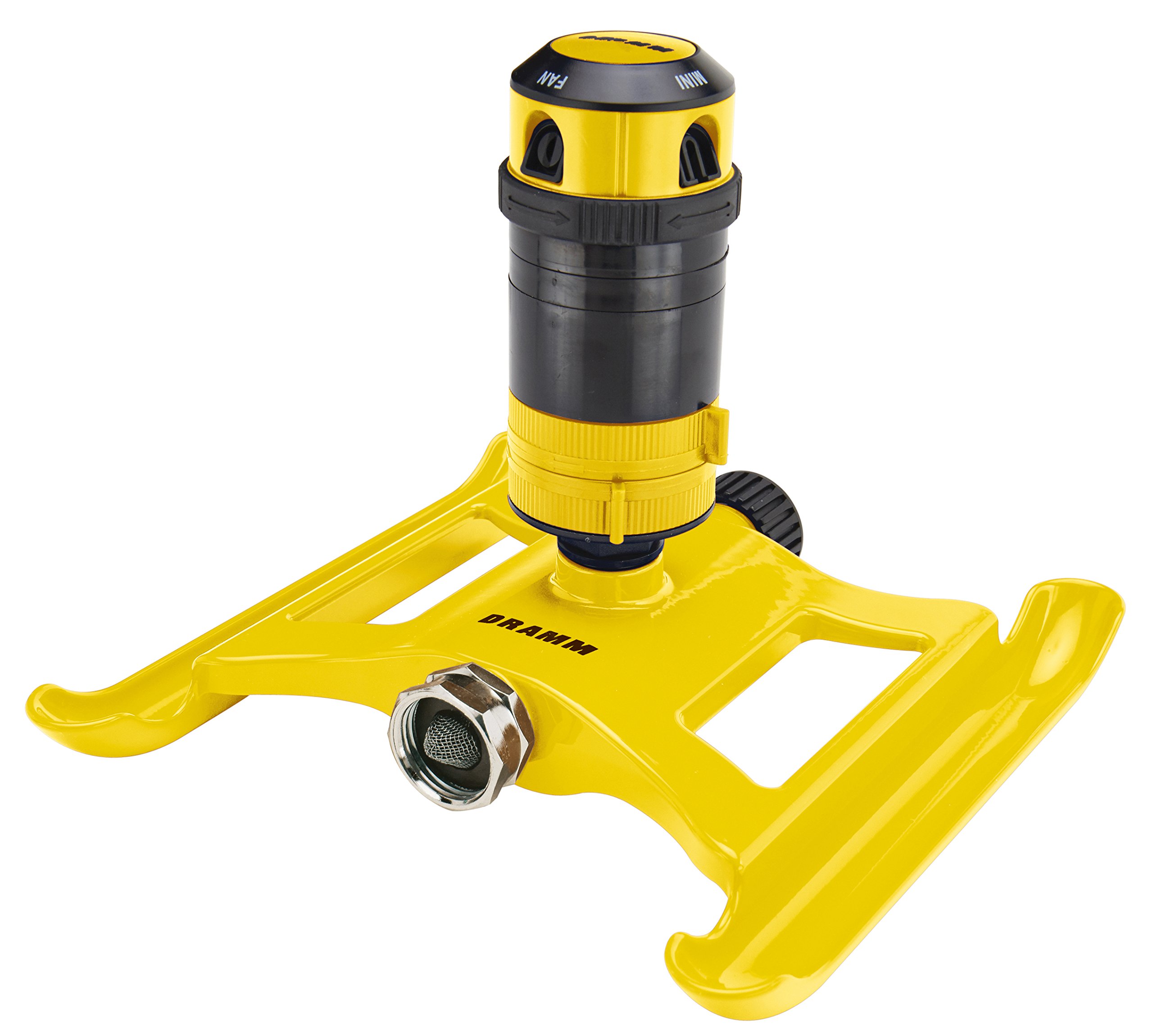 DRAMM ColorStorm Gear Drive Sprinkler on Heavy Duty,Durable Metal Base, 4 Patterns, Ideal for Small, Medium & Large Areas with Pass Through Feature, Yellow, 40 Foot Diameter
