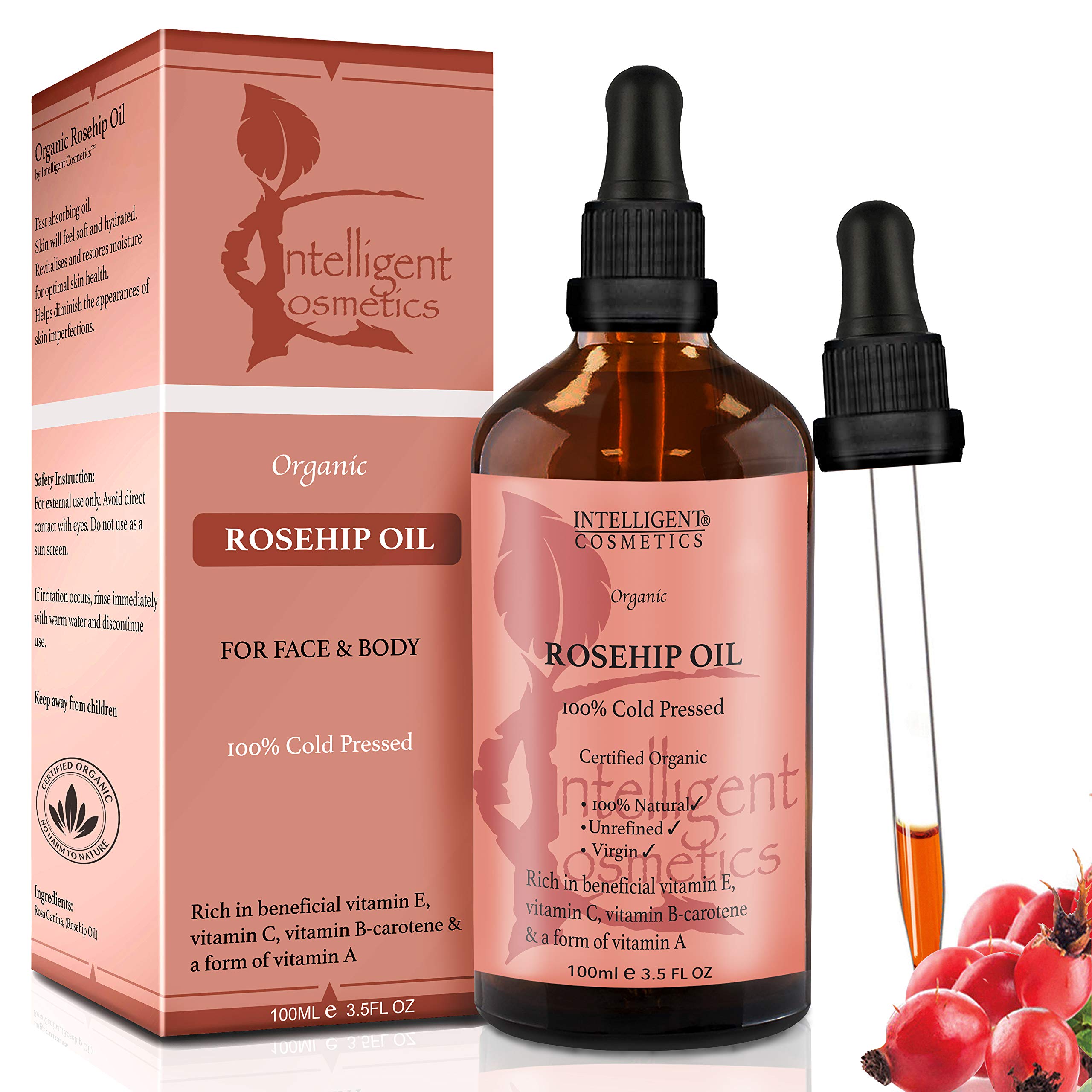 Rosehip Oil 100% Cold Pressed Pure Certified Organic Oil 100ml Best Known Facial Oil with Vitamin E, Vitamin C, B-carotene and a Form of Vitamin A