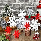 Qunclay 20 Pcs Wooden Snowflake Decorations 3D Snowflake Tabletop Decor Winter Signs and Centerpiece for Winter Wonderland Decorations Xmas Tiered Tray Decor(Red, Gray, White)