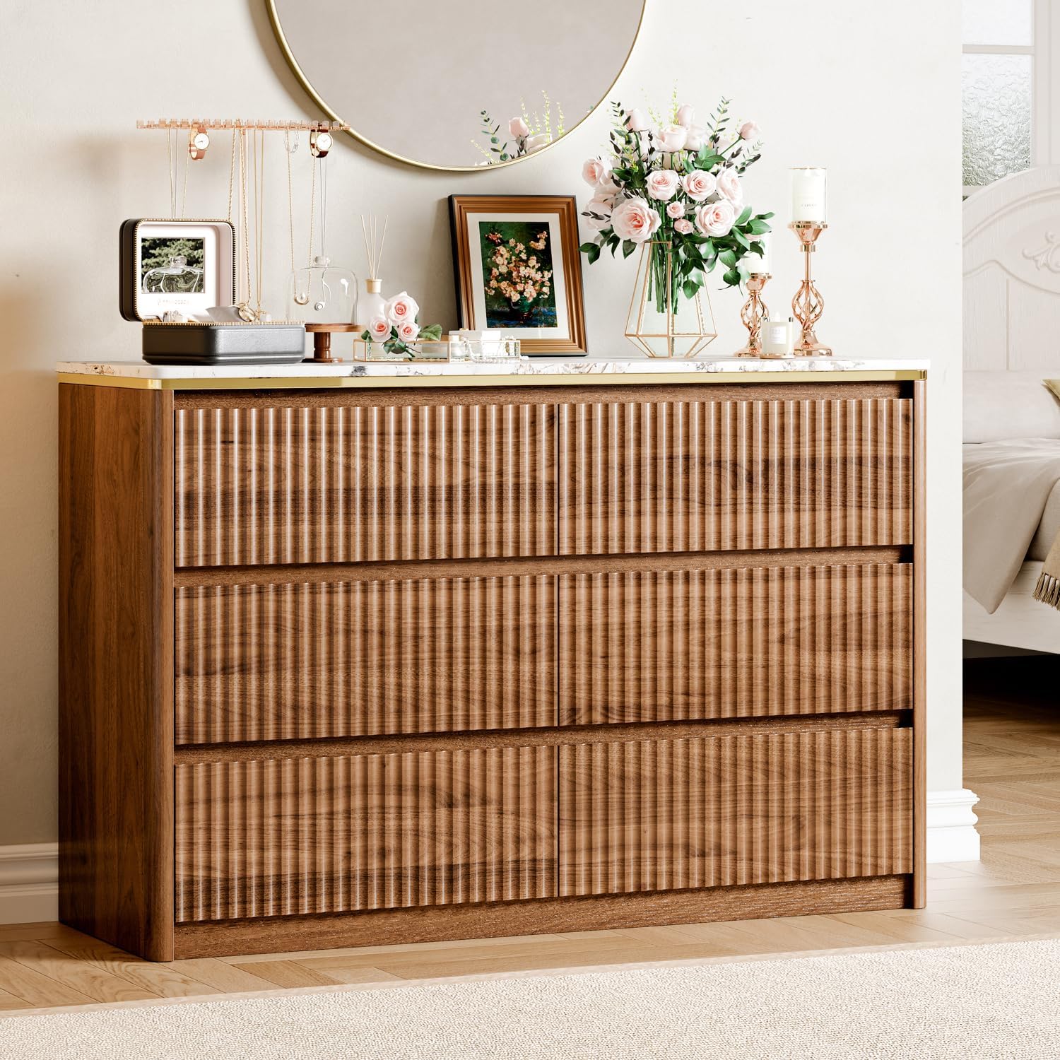 Photo 1 of Ieejdn Fluted Dresser for Bedroom with 6 Drawers, 47.2" Modern Chest of Drawers with Faux Marble Top, Curved Profile Design,Dresser TV Stand, Wood Drawer Organizer for Living Room, Hallway, Tan