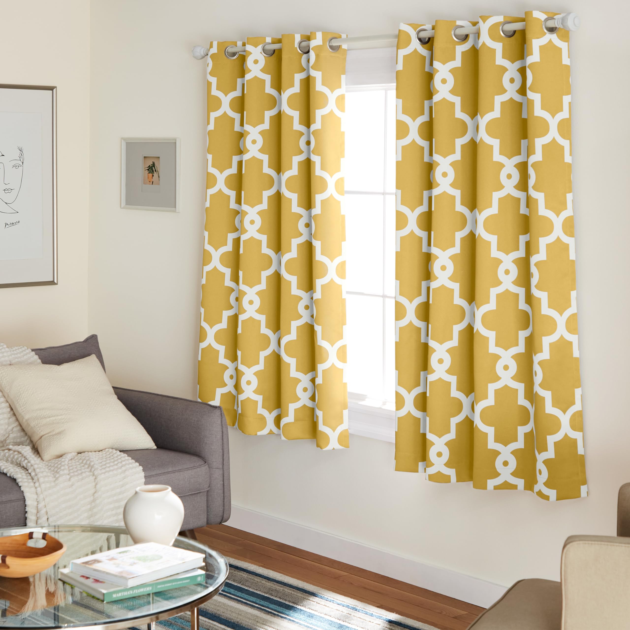 Exclusive Home Curtains Ironwork Woven Blackout Grommet Top Panel Pair, Sundress Yellow, 52x63, 2 Piece — image 1