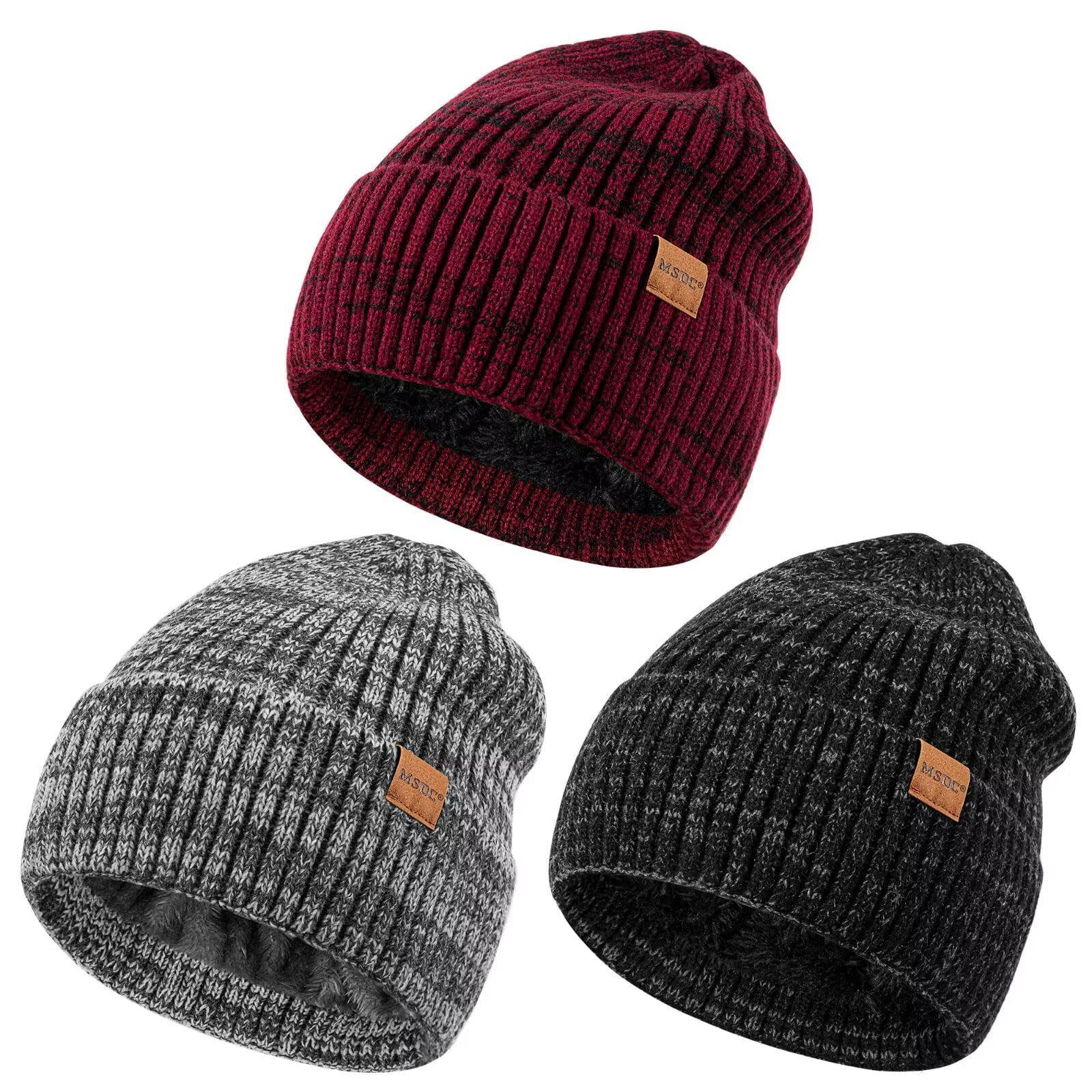 Photo 1 of ***GREY HAT IS MISSING *** MSDC 3 Pack Winter Hats for Men, Warm Fleece Lined Beanie for Men Women, Soft Thermal Cable Knit Hat Fashionable Cuffed Skull Cap for Cold Weather-02