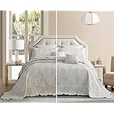 Blythease Oversized King Bedspread 128x120 Extra Wide, Jacquard Matelasse Damask Pattern Design, Lightweight, Reversible, 5 Piece, 100% Microfiber, Ivory