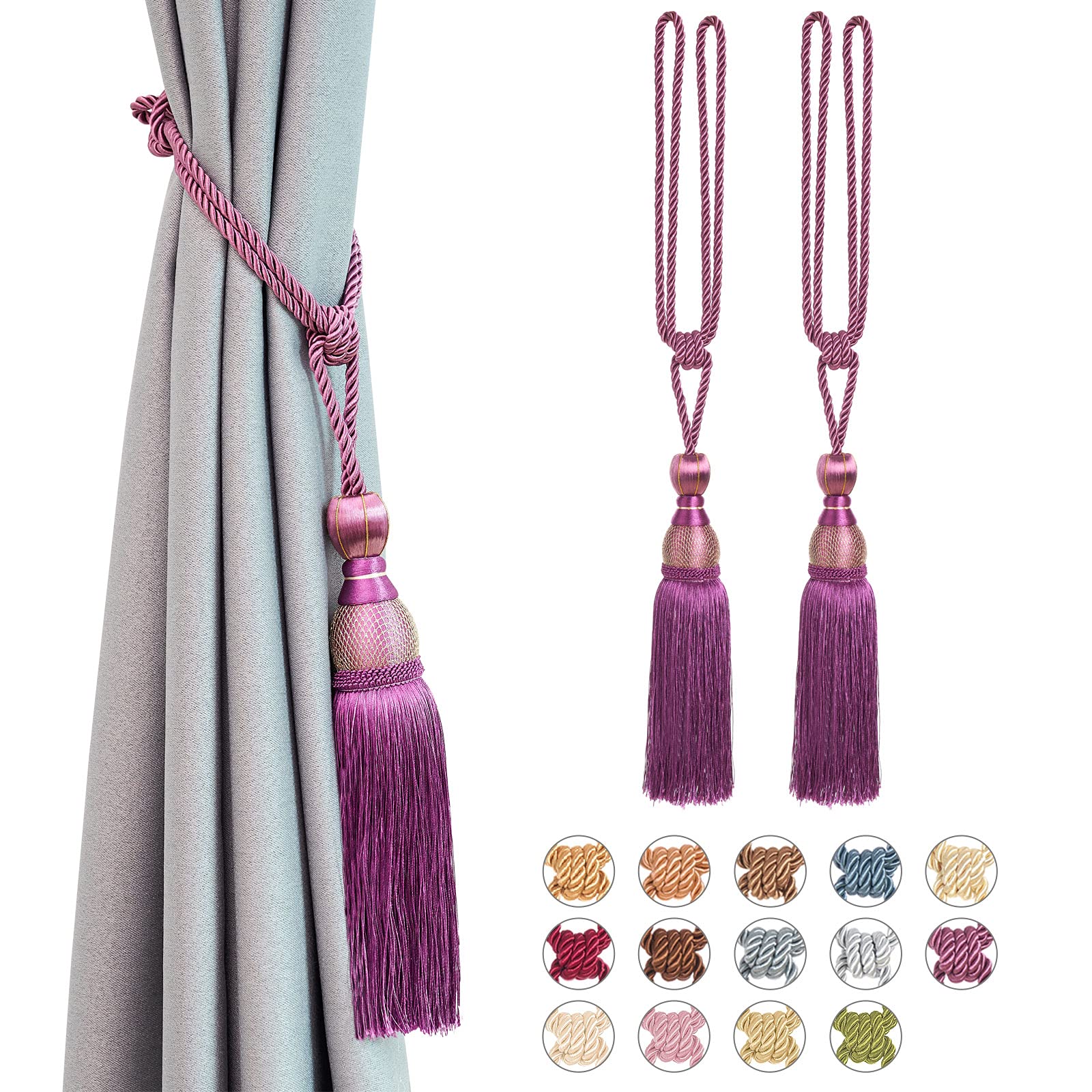 Pretty Jolly 2 Pack Mesh Ball Tassel Curtain Tiebacks European Vintage Style Curtain Holdbacks Handmade Braided Rope Decorative Drape Tie Backs for Home and Office Window Drapery (Purple)