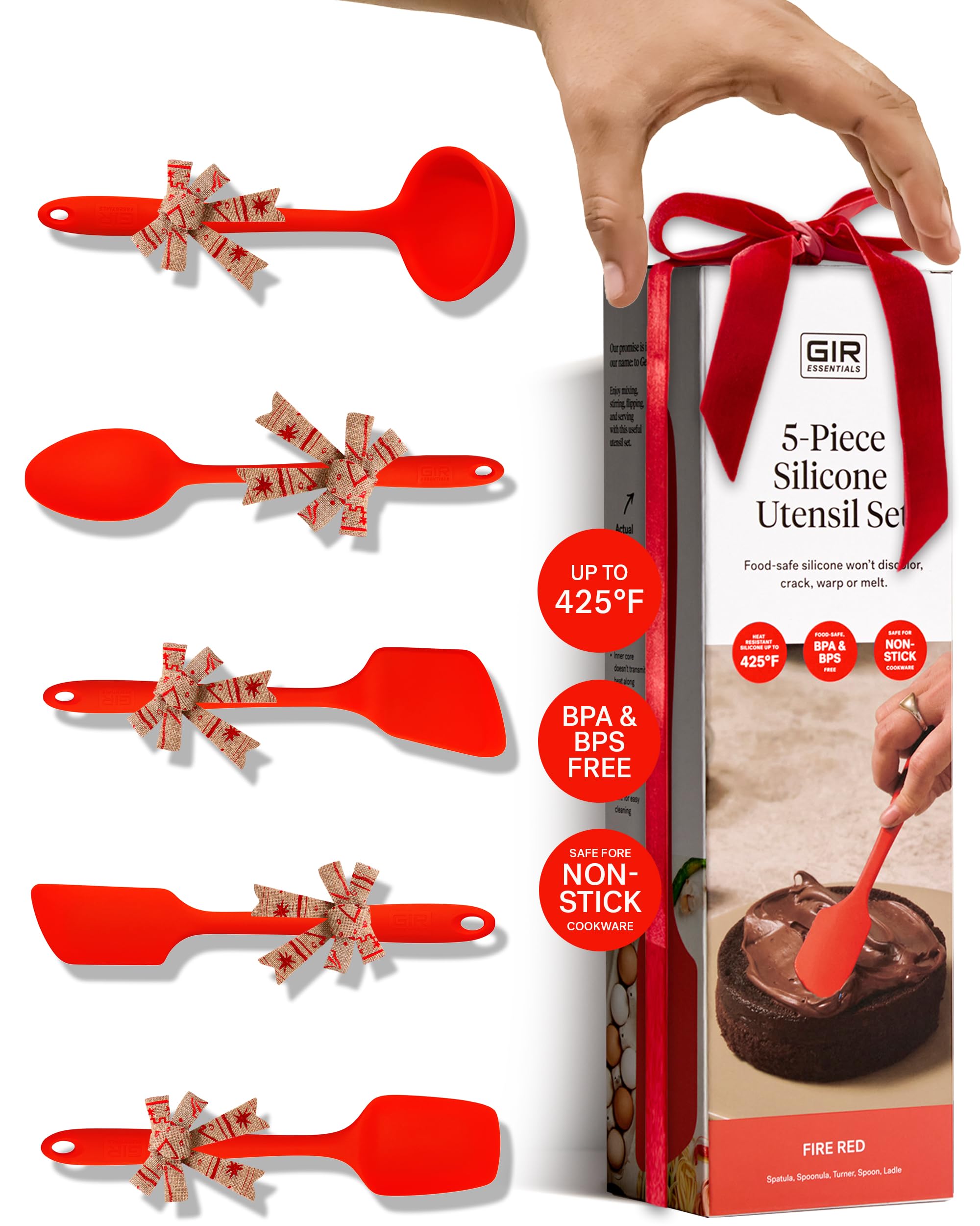 Photo 1 of GIR: Get It Right 5-Piece Silicone Essentials Kitchen Utensils Set - Ladle, Spatula, Flip, Spoon & Spoonula - Non-Toxic Cooking Utensils for Nonstick Cookware, Cooking and Baking - Fire Red