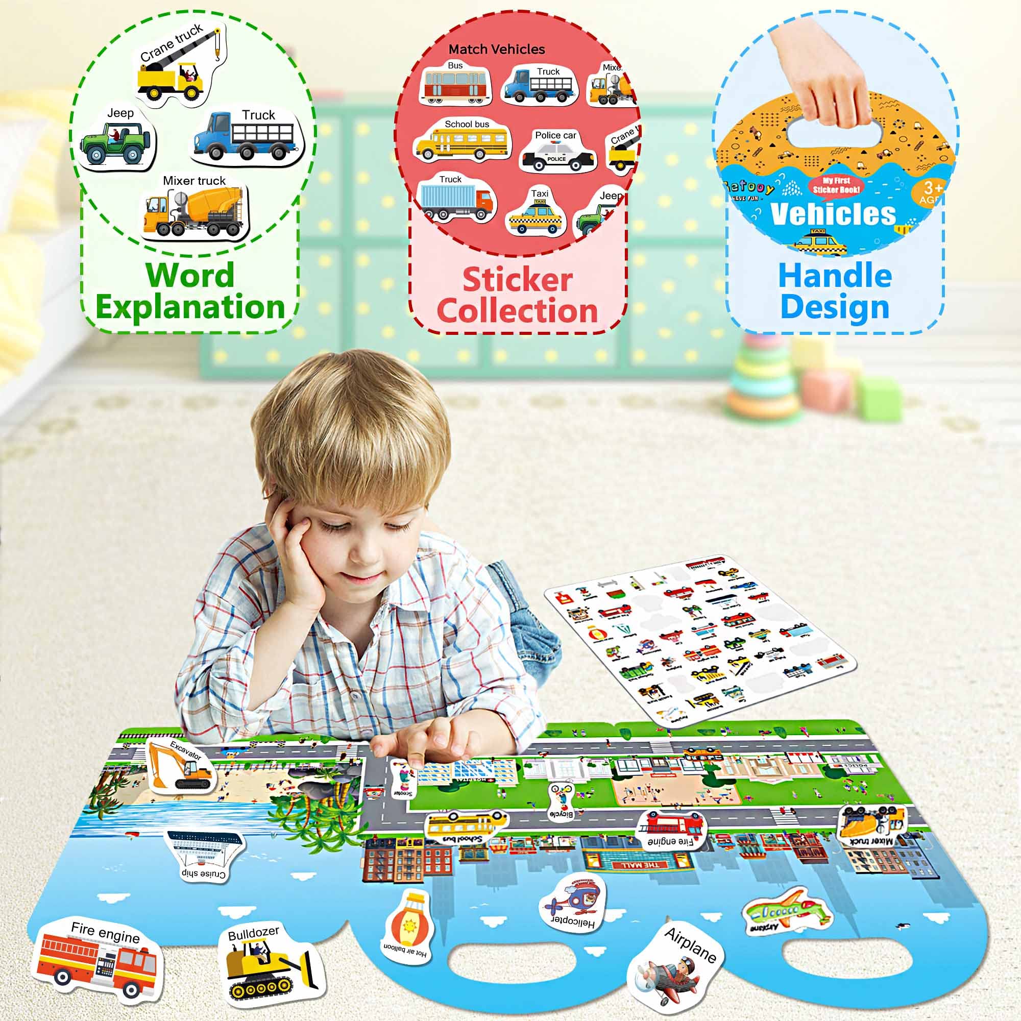 iGetooy Reusable Sticker Books for Toddlers 1-3, Jelly Sticker Books for Kids 2-4, Vehicle Stickers for Kids