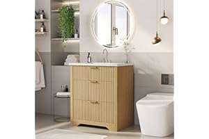 76 cm Fluted Farmhouse Bathroom Vanity with Sink, 30" Freestanding Natural Wood Cabinet, Soft-Closing Drawers & Flip-Down Sto