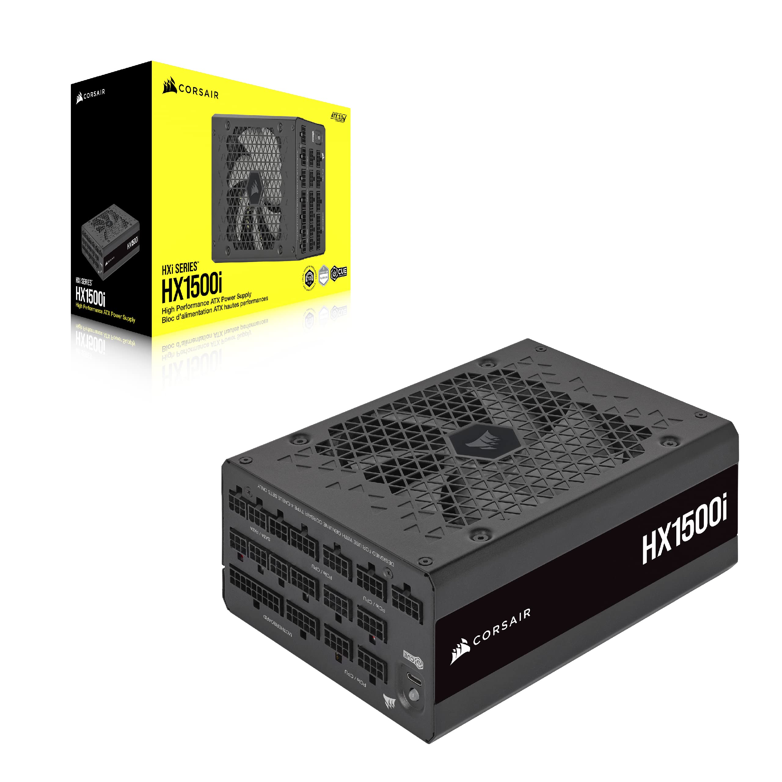 Corsair HX1500i Fully Modular Ultra-Low Noise ATX Power Supply - ATX 3.1 & PCIe 5.1 Compliant - Fluid Dynamic Bearing Fan - CORSAIR iCUE Software Compatible - 80 Plus Platinum Efficiency - Black