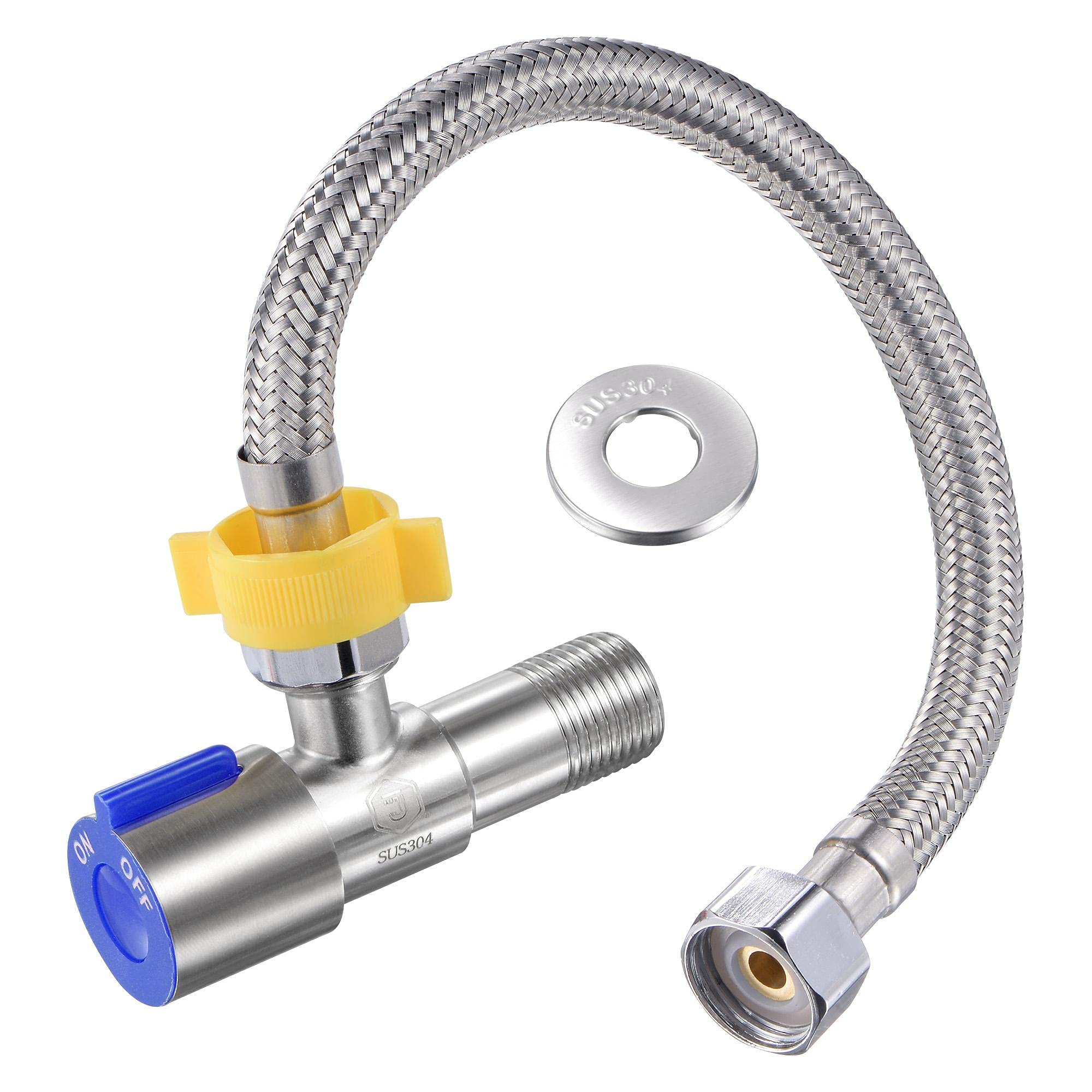 sourcing map Angle Valve Water Stop Valve G1/2 Male Thread 2 Ways 304 Stainless Steel Blue with Ornament Cover and Faucet Supply Line