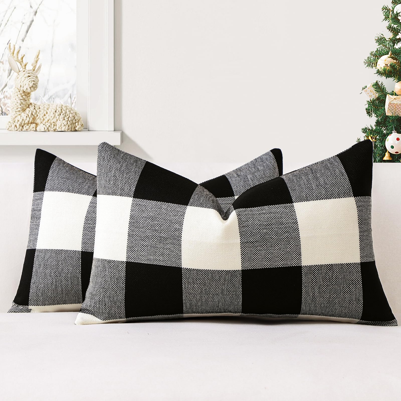JOTOM Set of 2 Classic Plaids Cushion Covers 30x50 cm Farmhouse Buffalo Check Soft solid Decorative Throw Pillow Covers Home Decor Outdoor Cushion Case for Sofa Bedroom (Black)