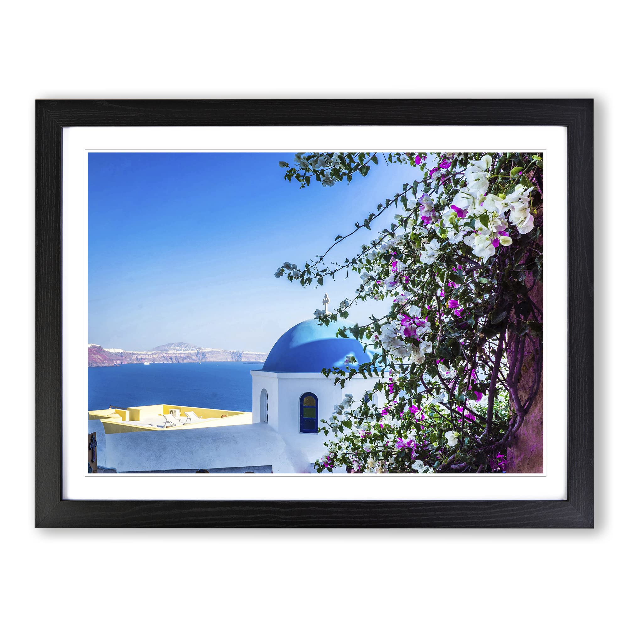 Santorini Blue Domed Church Greece 2 Modern Framed Print | A4 Black Framed Wall Art | Ready to Hang | Modern Religious Picture | Living Room Bedroom Lounge Office