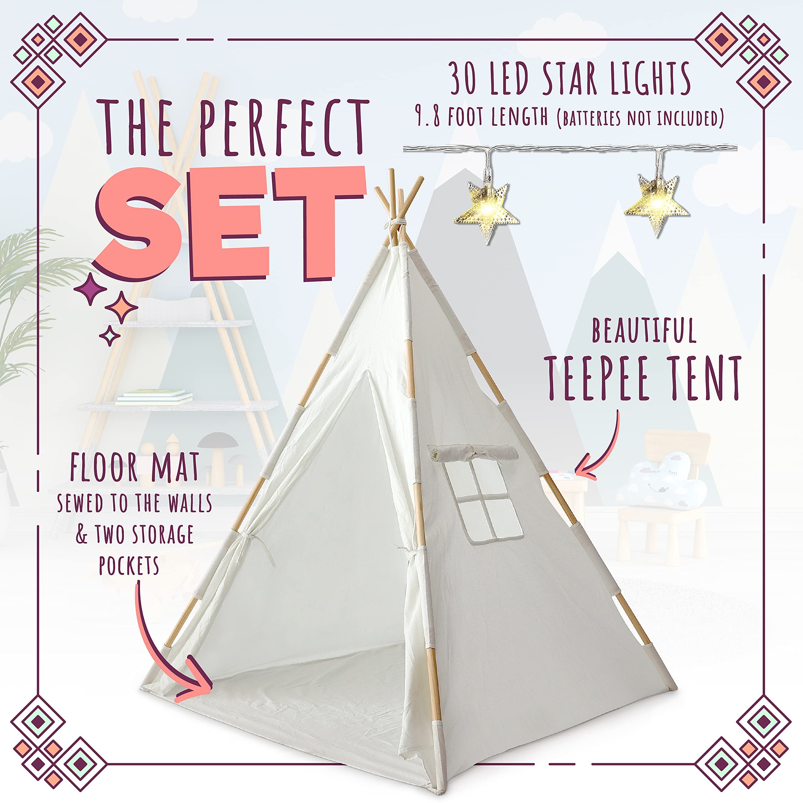 Orian Toys Teepee Tent for Kids: Child’s Indoor Outdoor Canvas Fairytale Tipi Playroom, LED Star Lights, Easy Assembly, 59 by 45 Inches, Ages 3+