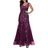 Miusol Women's Elegant V Neck Sleeveless Sequin Lace Evening Party Dress