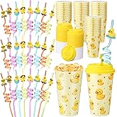 Yungyan 16 Sets Yellow Duck Party Favors Goodie Cups with Lids and Straws for Birthday Decorations Reusable 16oz Plastic Candy Cups Plastic Straws for Birthday Party(Rubber Duck)