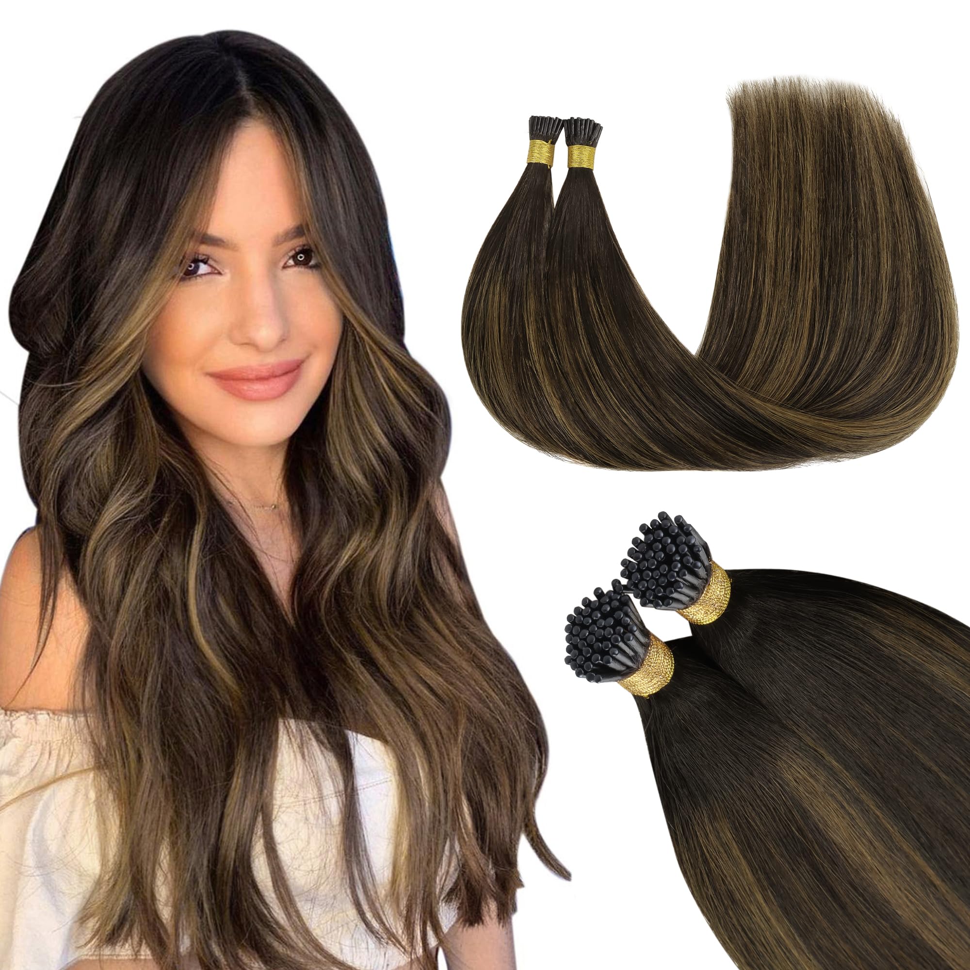 GOO GOO I Tip Hair Extensions Real Human Hair, Dark Brown to Chestnut Brown 50g 100 Strands 14inch Cold Fusion I Tip Hair Extensions — image 1