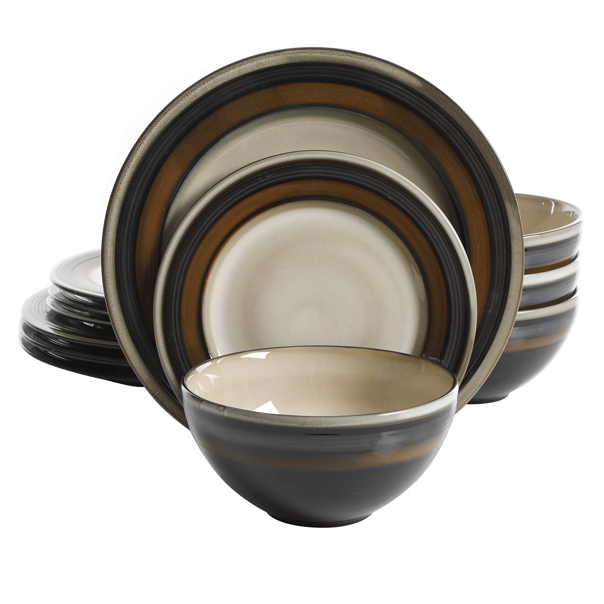 Gibson Elite 116868.12R Everston 12 Piece Reactive Glaze Dinnerware Set, Brown and Cream