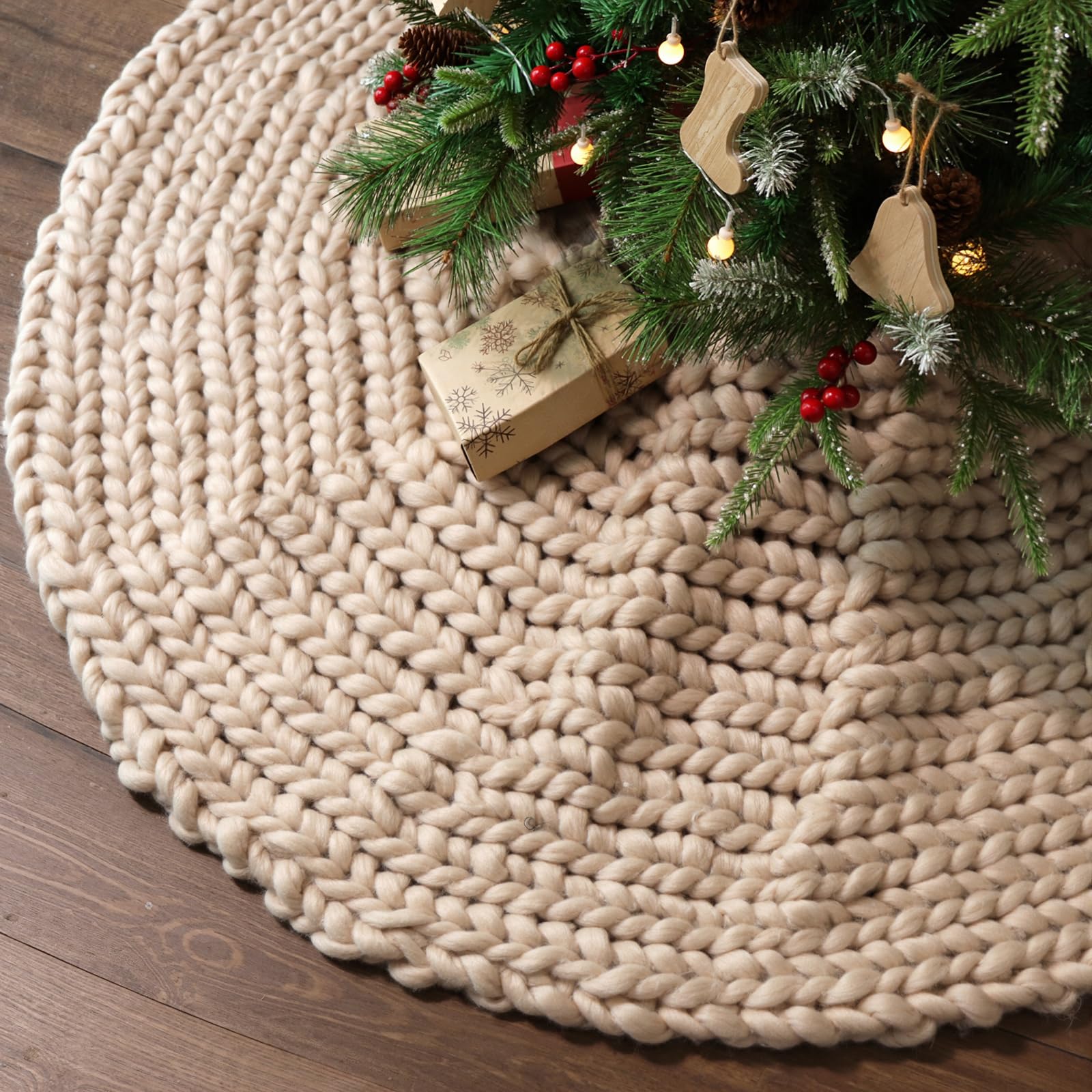 Photo 1 of 48 inch Christmas Tree Skirt: Chunky Knit Tree Skirt for 7.5ft Tree, Crochet Beige Tree Skirt, Vintage Tree Skirts, Rustic Farmhouse Christmas Decorations