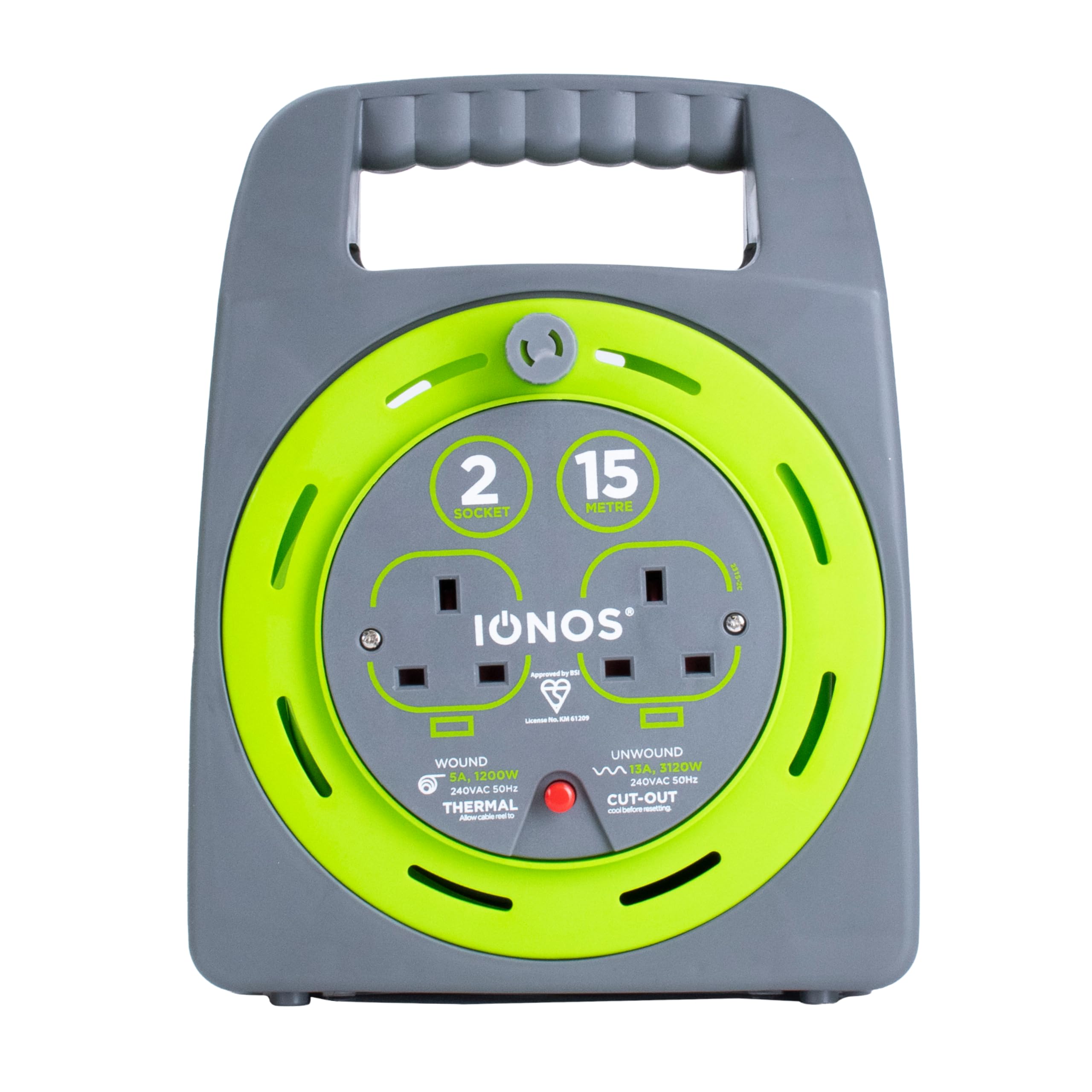 IONOS 2 Socket Cable Reel, 15m, Green, 13 Amp, Thermal Cut Out, Heavy Duty, Outdoor Extension Lead, Ideal for Garden, DIY, Workshop, Power Tools (ION15M2SHBCR2)