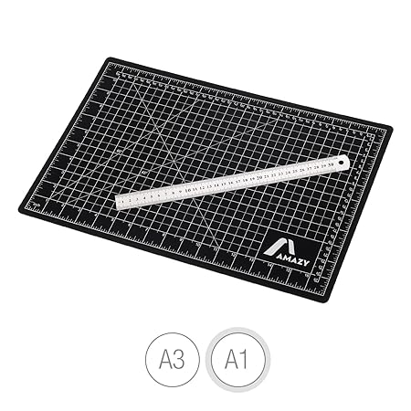 Amazy Schneidematte inkl. Edelstahl Lineal (A1 | 90 x 60 cm) – Selbstheilende Schneideunterlage aus recyceltem PVC mit Skalie