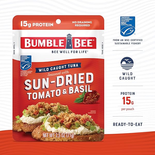 BUMBLE BEE SUN-DRIED TOMATO & BASIL SEASONED TUNA, 2.5 OZ POUCH – READY TO EAT – WILD CAUGHT TUNA PACKET – 15G PROTEIN PER SERVING – GLUTEN FREE