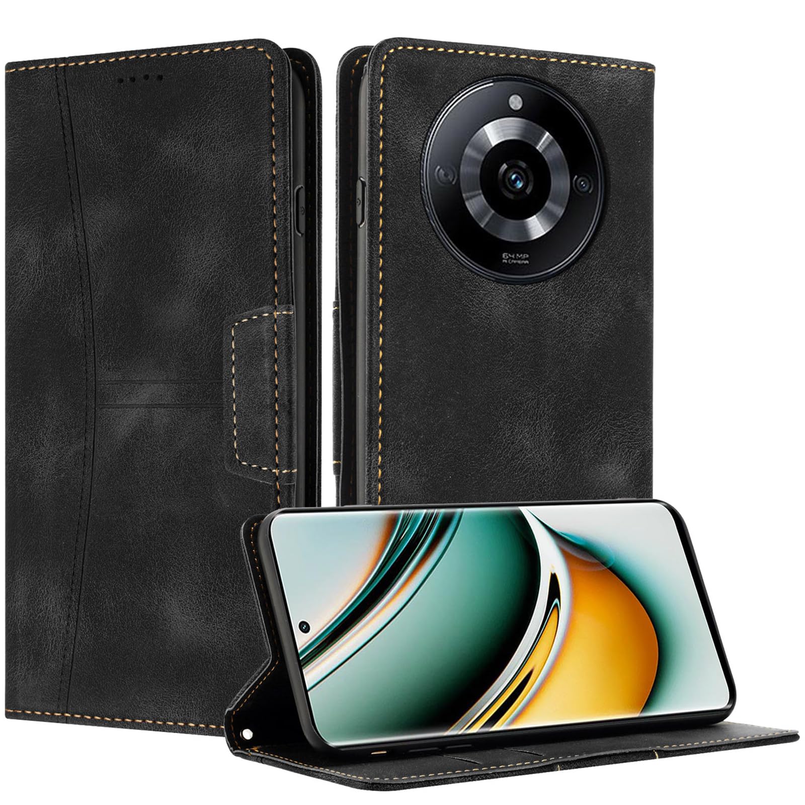 Radoo Compatible with OPPO Realme 11 Pro/Realme 11 Pro Plus Case,Speckled Folio Leather Wallet Shockproof Leather Protective Case with Card Slots Kickstand Magnetic Closure Anti-Shock Texture(Black)