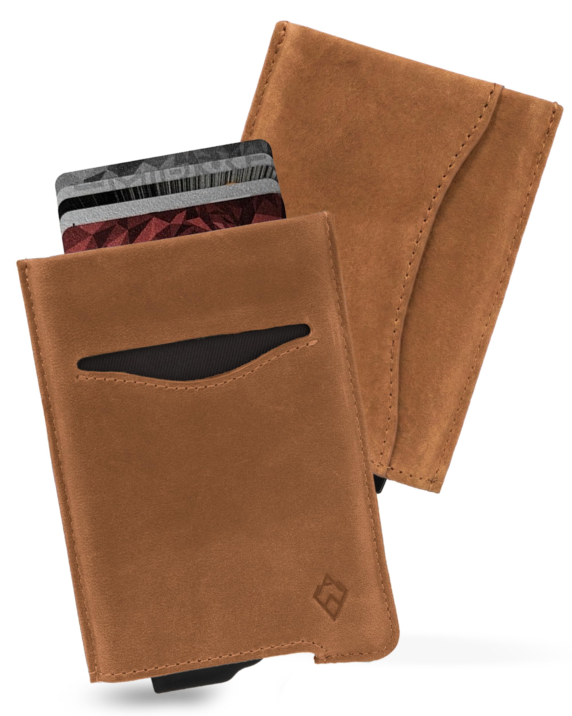 AKIELO RFID Card Holder Wallet with Gift Box – Vegan Leather Card Wallet for Men – RFID Blocking Contactless Credit Card Protector – Minimalist Pop Up Design (Alpha - Tan Leather Edition)