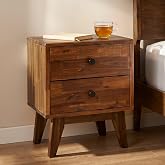 Acacia Silvia Nightstand with 2 Drawers, Solid Wood Bedside Table, Table with Storage Drawers for Bedroom, Bedside End Table with Drawer and Storage Space, Walnut