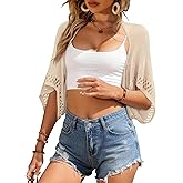 BB&KK Women's 2026 Lightweight Summer Cardigan 3/4 Batwing Sleeve Crochet Shrug Casual Hollowed-Out Knit Cropped Sweater Tops