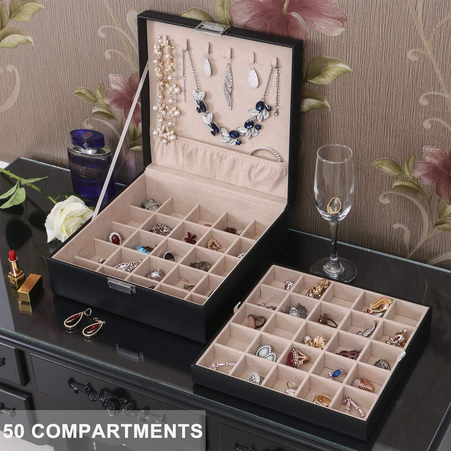 BEWISHOME Earring Organizer Holder for Cufflinks, Rings, Pendants, Chain - 50 Slots Case, 6 Necklace Hook, 2 Stackable Trays - Elegant Jewelry Storage Box for Girls Women, Black Faux Leather SSH11B: Home Improvement