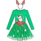 Sunny Fashion Girls Dress Reindeer Headband Santa Christmas Long Sleeve Party Dress