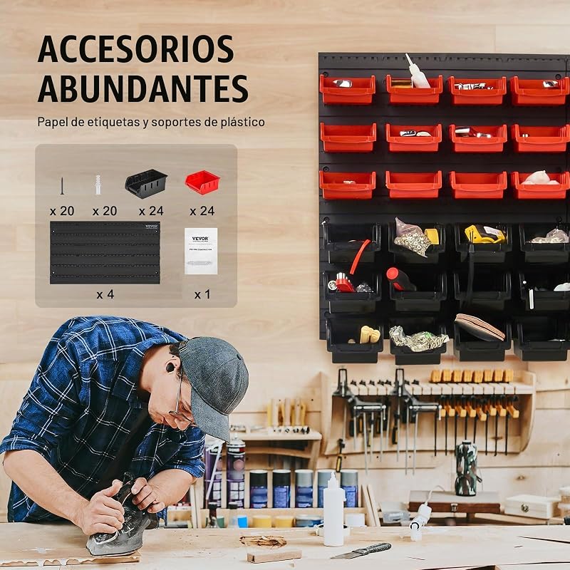 Prateleira de plástico 48 caixas de armazenamento para oficina de garagem com painéis de parede organizador de ferramentas para porcas, parafusos, parafusos, pregos, botões, pequenas peças, preto/vermelho