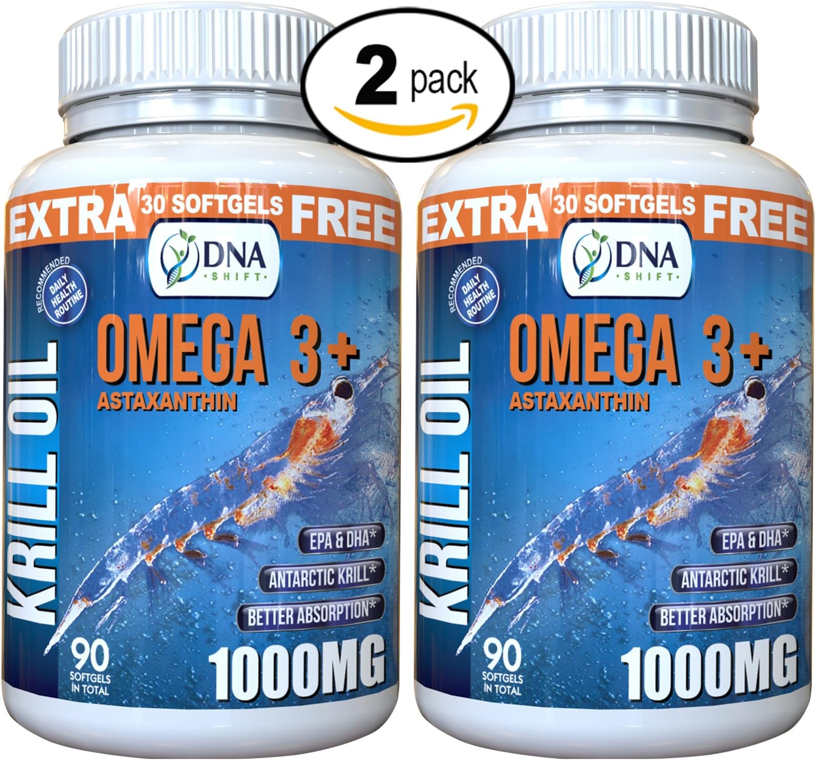 DNA Shift® 1000mg Krill Oil with Astaxanthin 3mg | Omega 3 Best for Sports Men and Women on Natural Supplements - Research Now Shows Antarctic Krill EPA & DHA Better Absorbed Than Fish Oil (2-Pack)