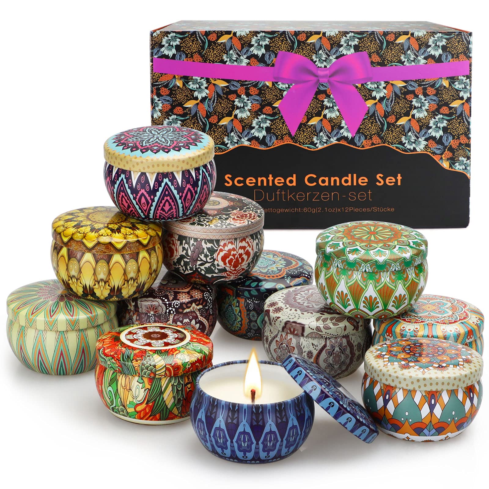 Amorxiao 12 pcs Scented Candles Gift Set with Iron Can, Soy Wax Portable Travel Candles Women Gift, Aromatherapy Candles for Yoga, Relaxation, Stress Relief, Air Refresh, Birthday, Christmas