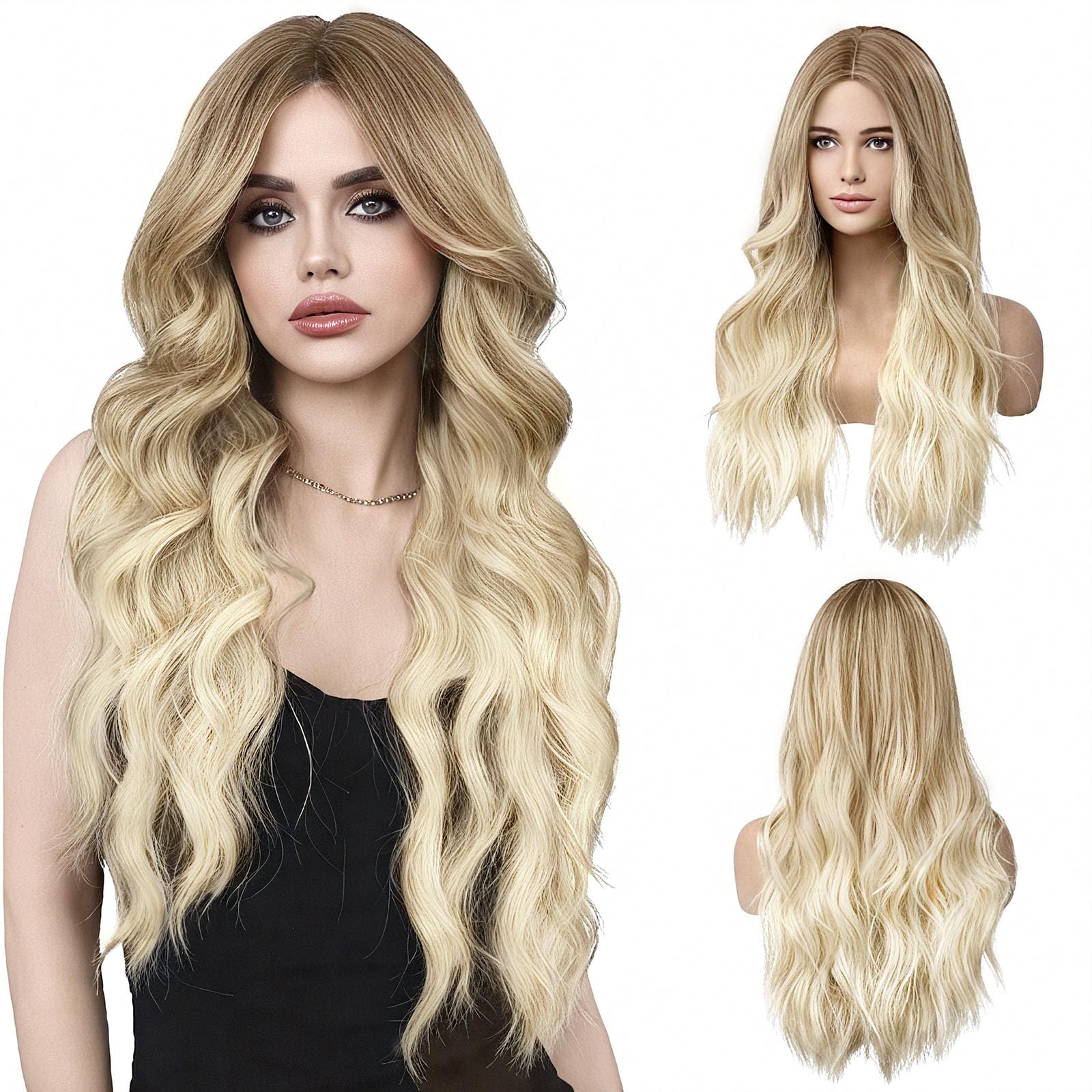 LUFFLOK Long Wave Ombre Brown to Blonde Wigs for Women, 27’’ Long Curly Wigs Heat Resistant Natural Ombre Wig with Wig Net Synthetic Hair Wigs for Ladies Fancy Dress Party Cosplay Daily Use (Blonde)